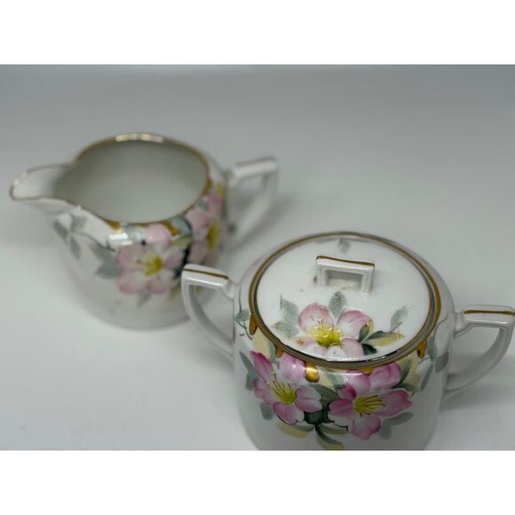 Vintage Noritake Azalea Sugar Bowl & Creamer Set 4" Pink Floral Gold Trim Japan - Picture 2 of 9